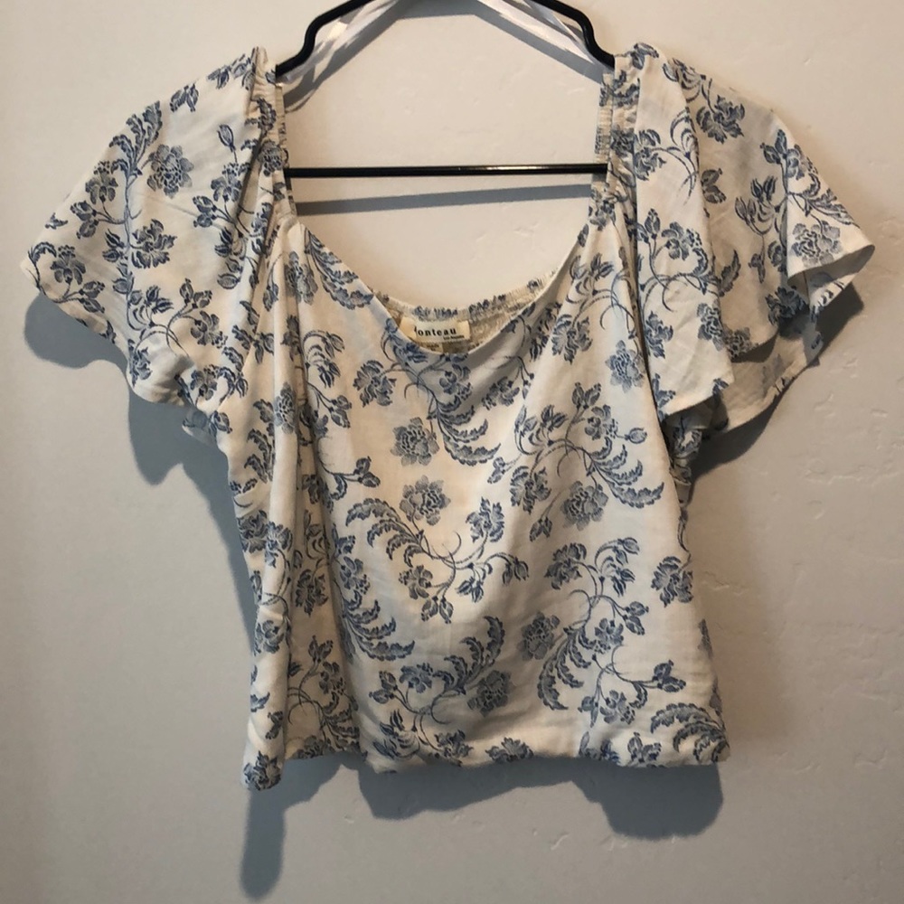 White Blouse with Blue Flowered details